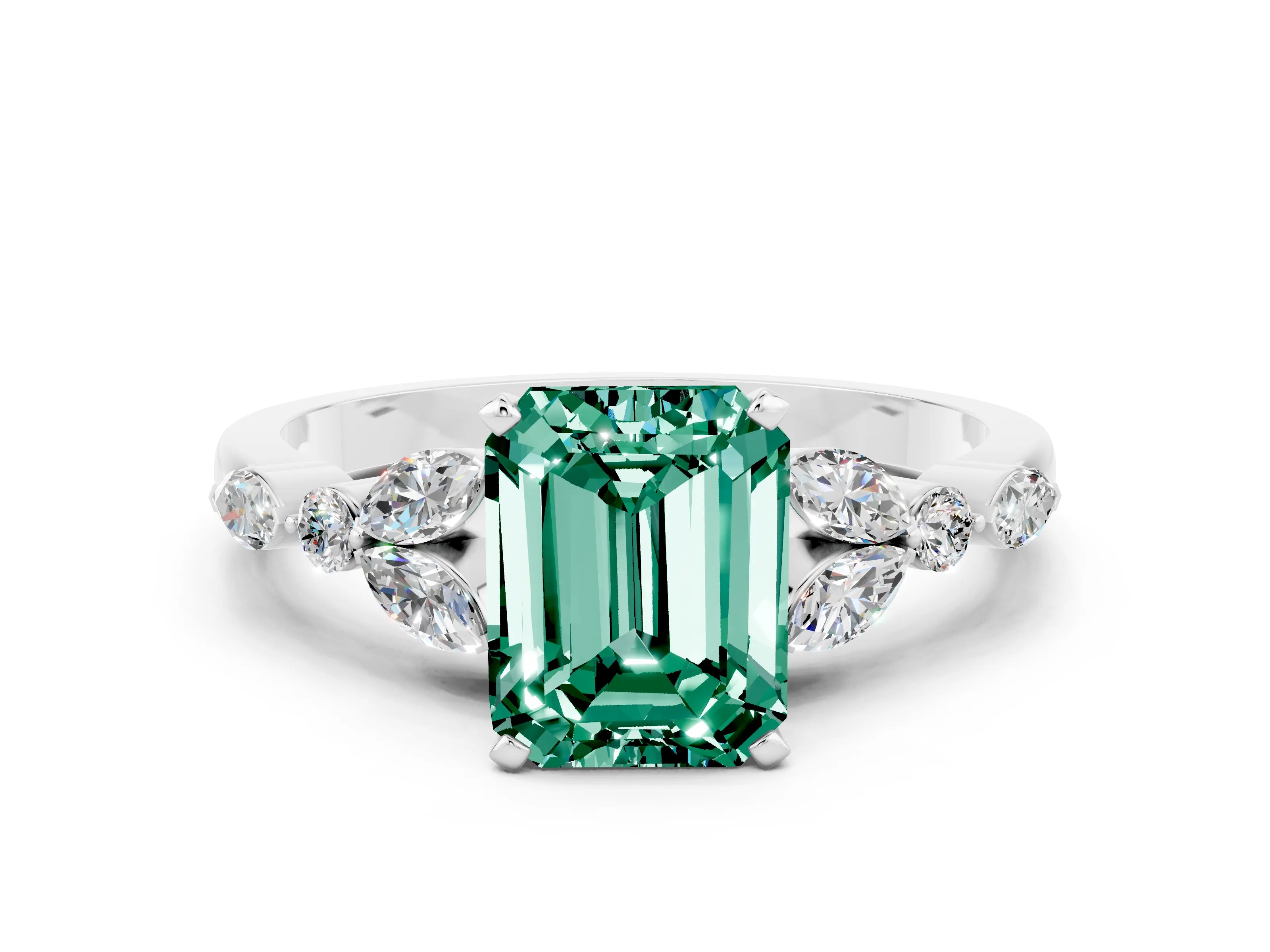 White gold Emerald Cut Green Sapphire Solitaire Ring with Side Stones and Four-Prong Setting_12