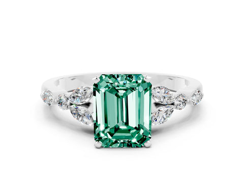 White gold Emerald Cut Green Sapphire Solitaire Ring with Side Stones and Four-Prong Setting_12