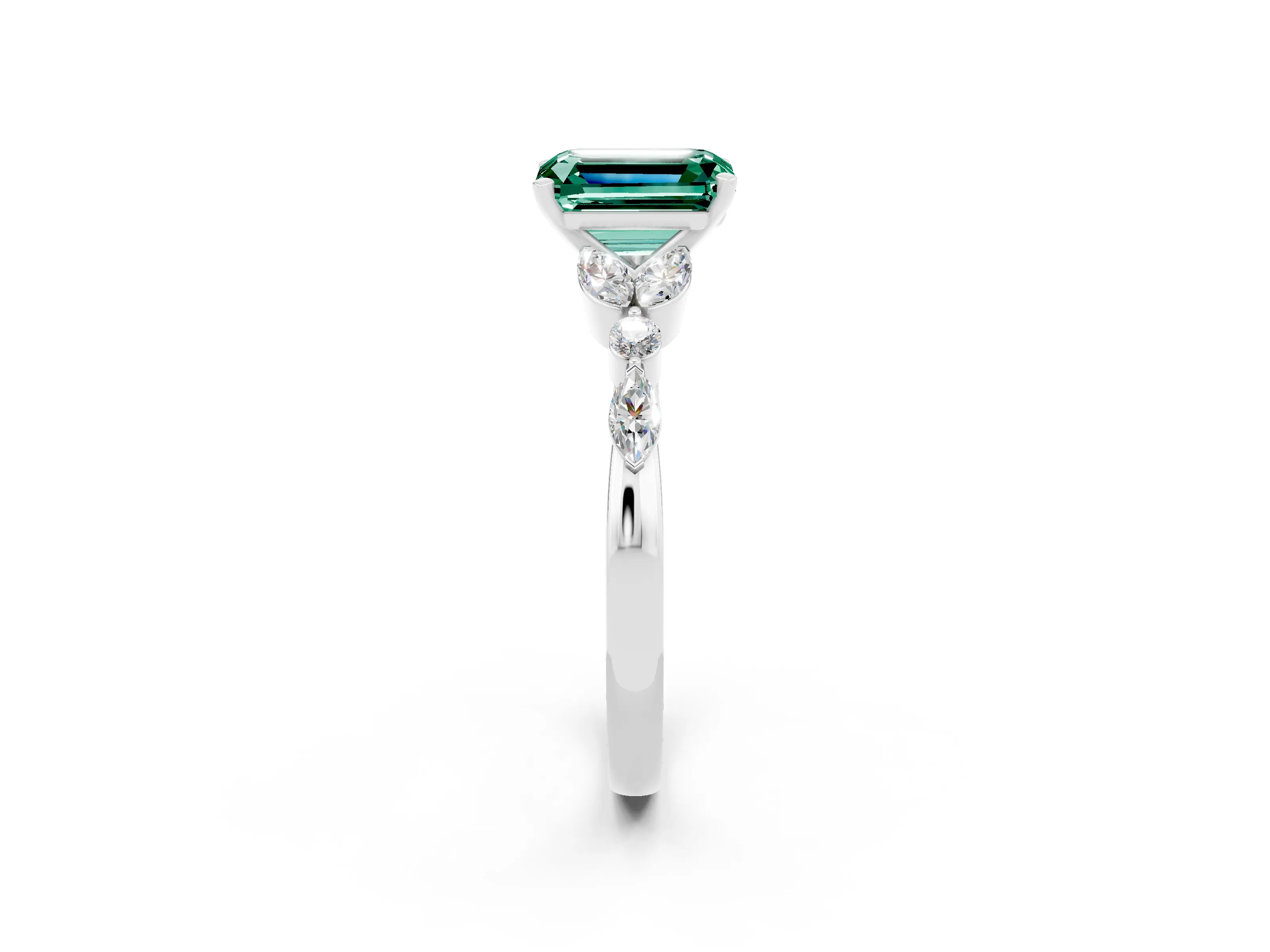 White gold Emerald Cut Green Sapphire Solitaire Ring with Side Stones and Four-Prong Setting_14