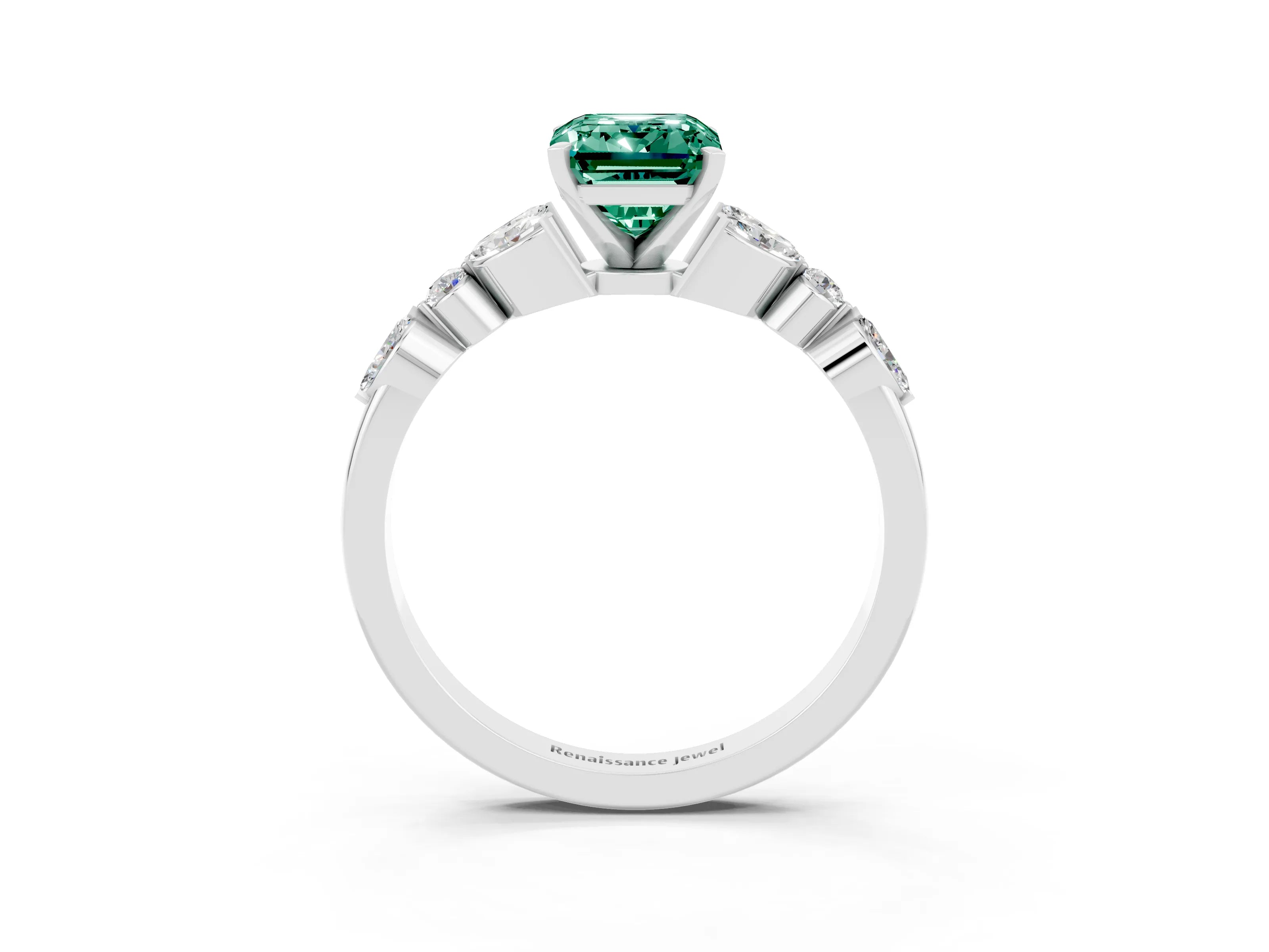 White gold Emerald Cut Green Sapphire Solitaire Ring with Side Stones and Four-Prong Setting_15