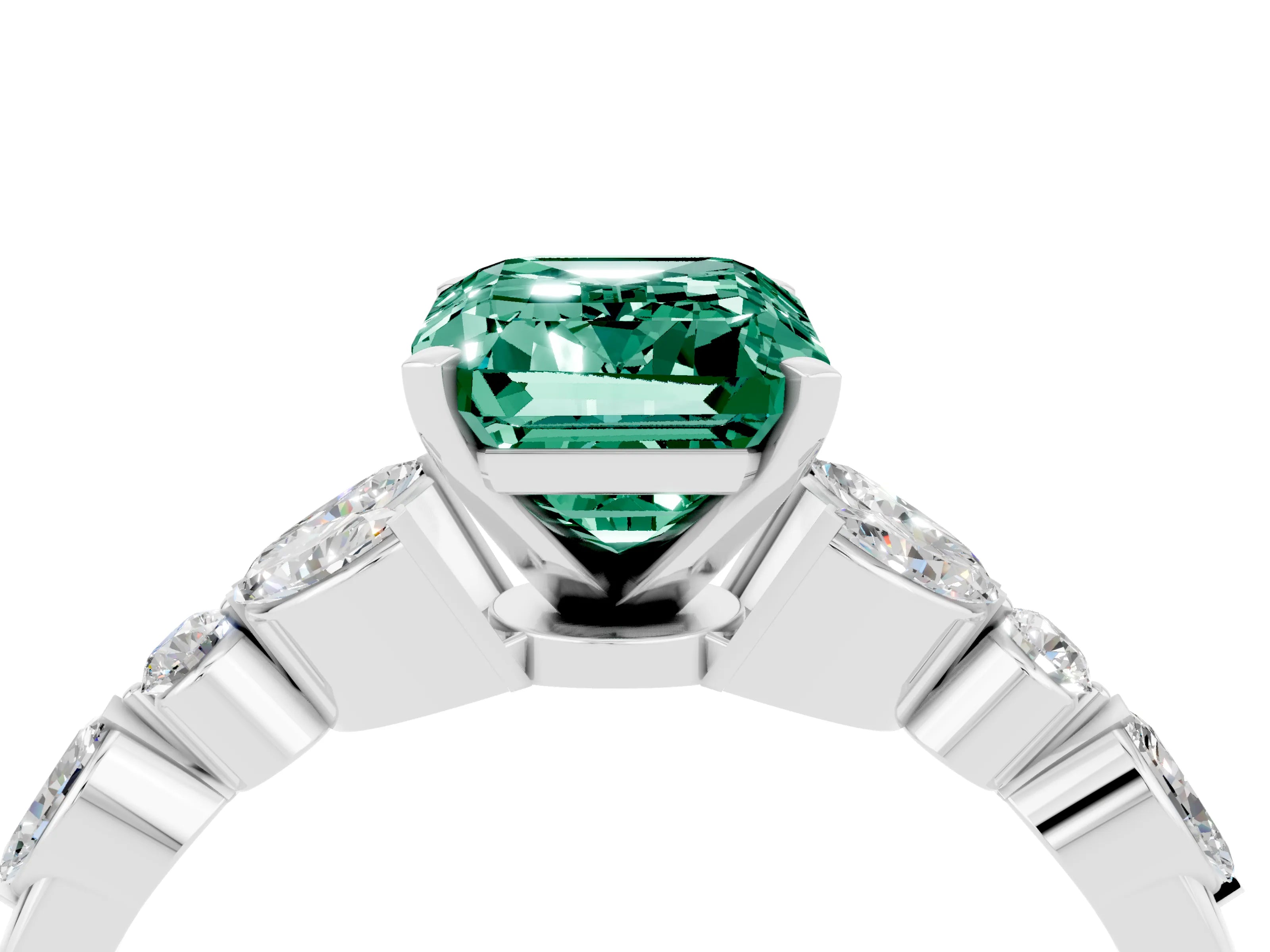 White gold Emerald Cut Green Sapphire Solitaire Ring with Side Stones and Four-Prong Setting_16