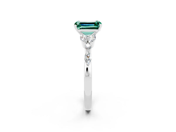 White gold Emerald Cut Green Sapphire Solitaire Ring with Side Stones and Four-Prong Setting