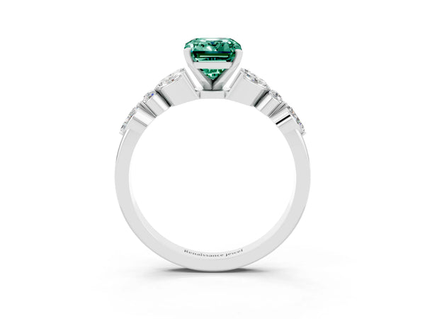 White gold Emerald Cut Green Sapphire Solitaire Ring with Side Stones and Four-Prong Setting