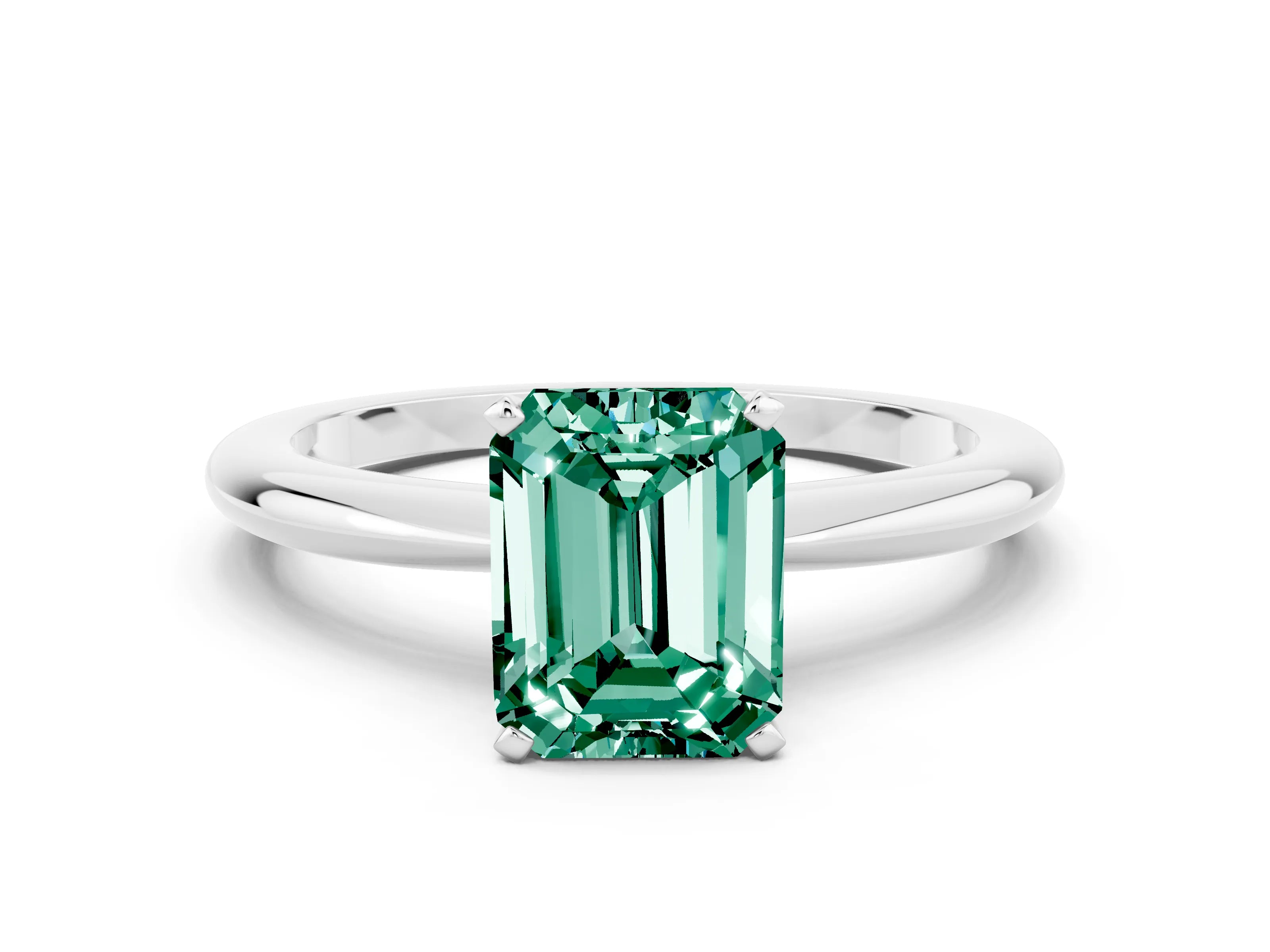 White gold Emerald Cut Green Sapphire Solitaire Ring with Six-Prong Setting and Classic Band_48