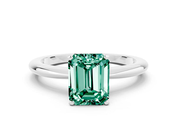 White gold Emerald Cut Green Sapphire Solitaire Ring with Six-Prong Setting and Classic Band