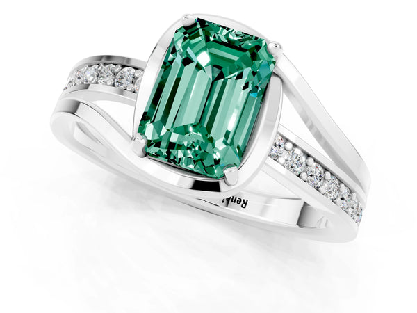Silver Emerald Cut Green Sapphire Solitaire Ring with Split Shank and Prong Setting