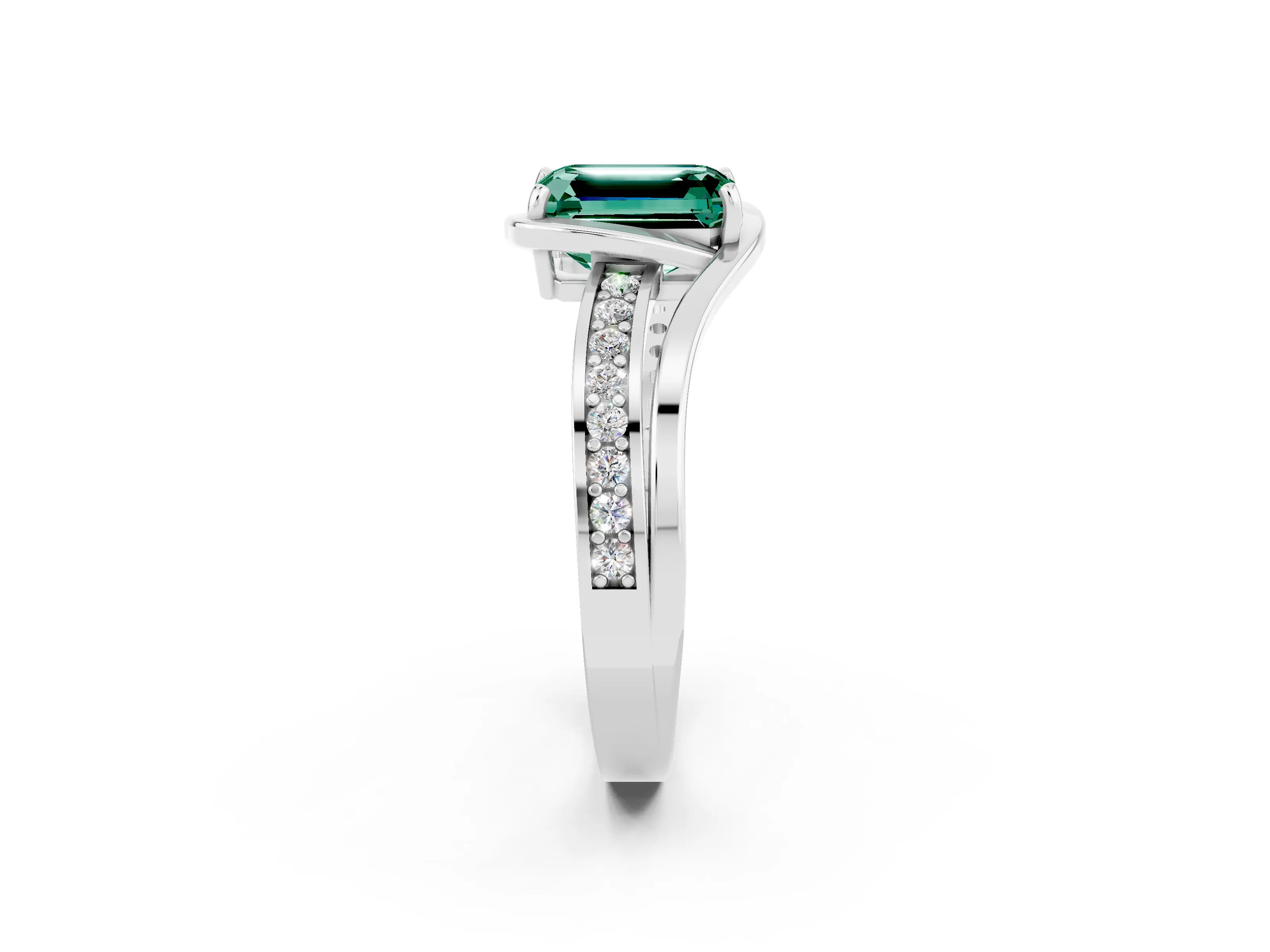 White gold Emerald Cut Green Sapphire Solitaire Ring with Split Shank and Prong Setting_2