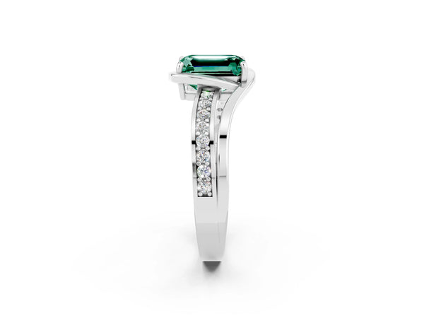 White gold Emerald Cut Green Sapphire Solitaire Ring with Split Shank and Prong Setting