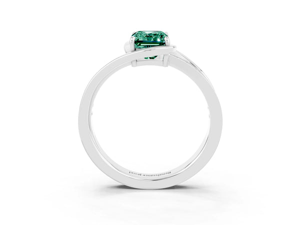 White gold Emerald Cut Green Sapphire Solitaire Ring with Split Shank and Prong Setting