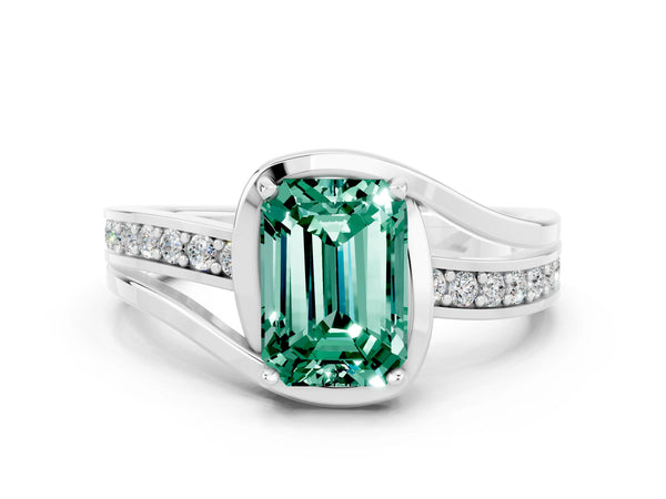 Silver Emerald Cut Green Sapphire Solitaire Ring with Split Shank and Prong Setting