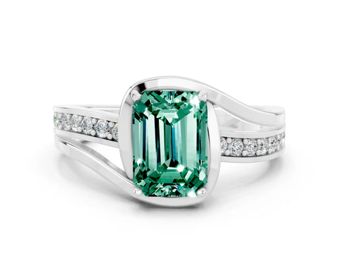White gold Emerald Cut Green Sapphire Solitaire Ring with Split Shank and Prong Setting