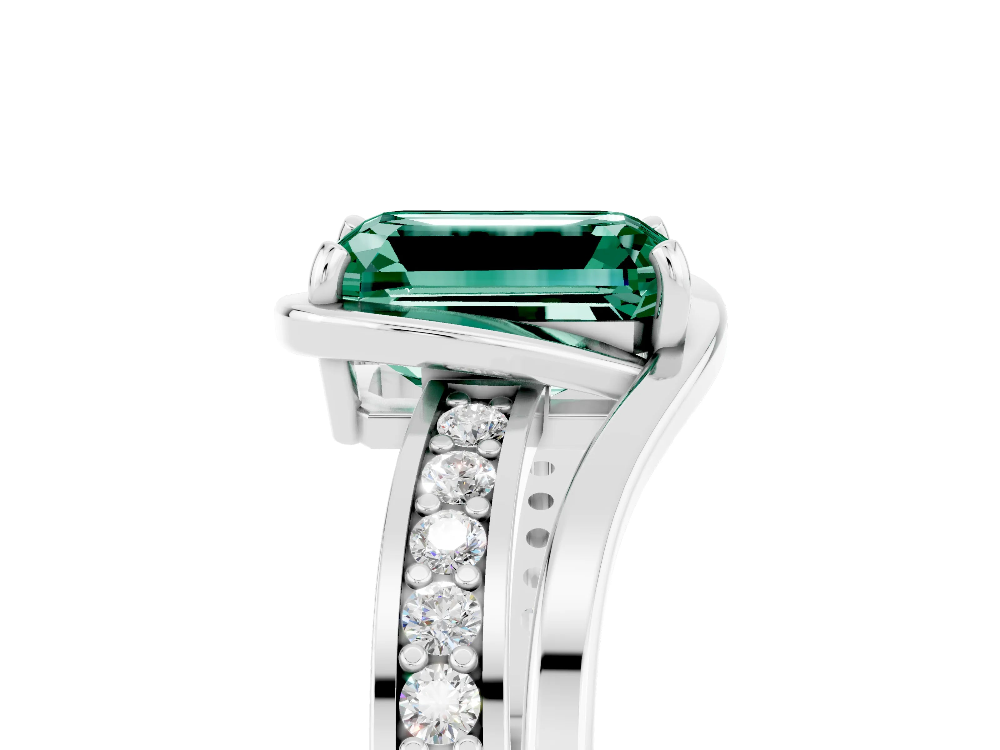 White gold Emerald Cut Green Sapphire Solitaire Ring with Split Shank and Prong Setting_5