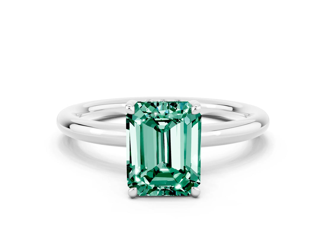 White gold Emerald Cut Green Sapphire Solitaire Ring with Thin Band and Four-Prong Setting_12