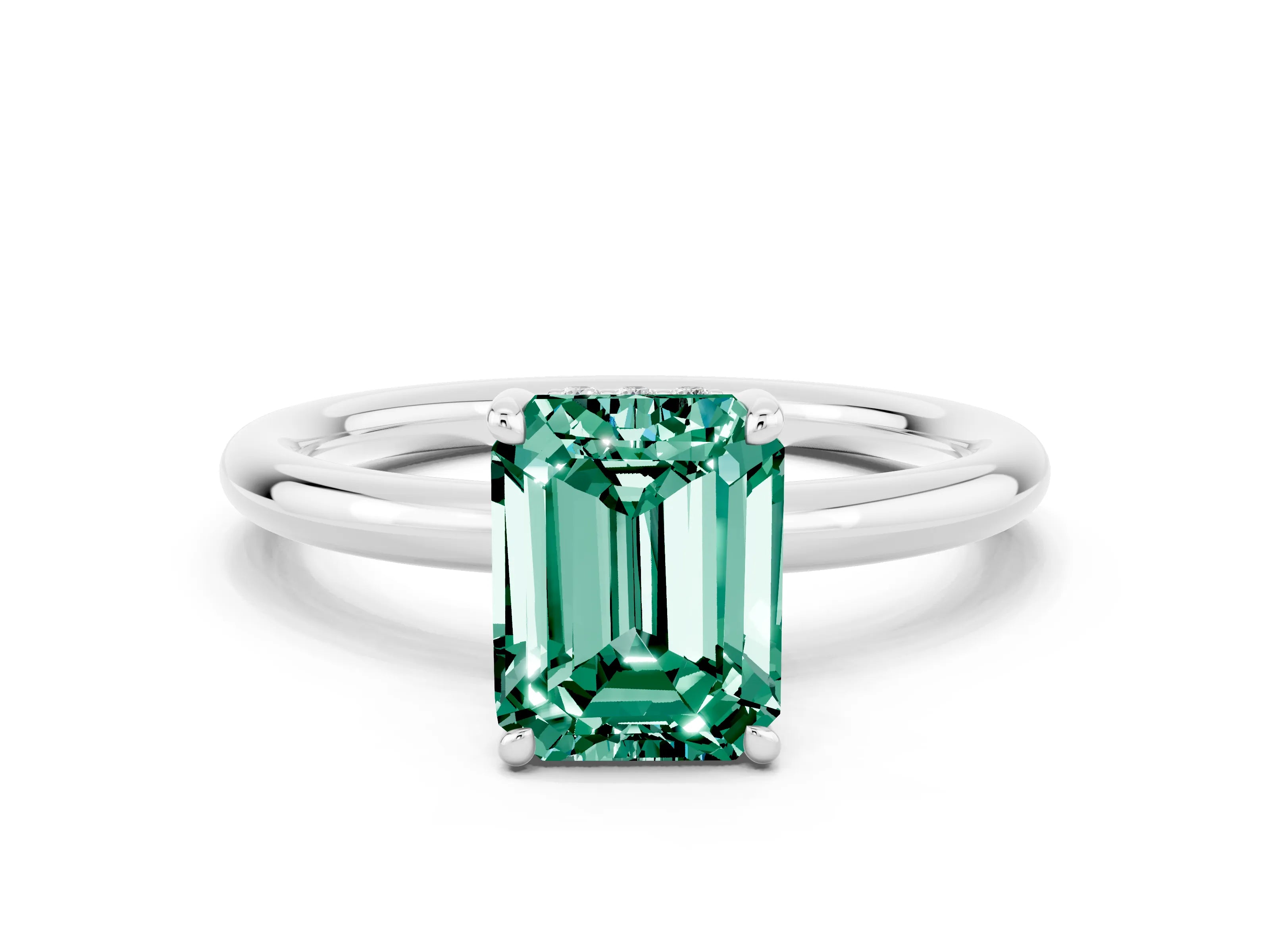 White gold Emerald Cut Green Sapphire Solitaire Ring with Thin Band and Four-Prong Setting_12