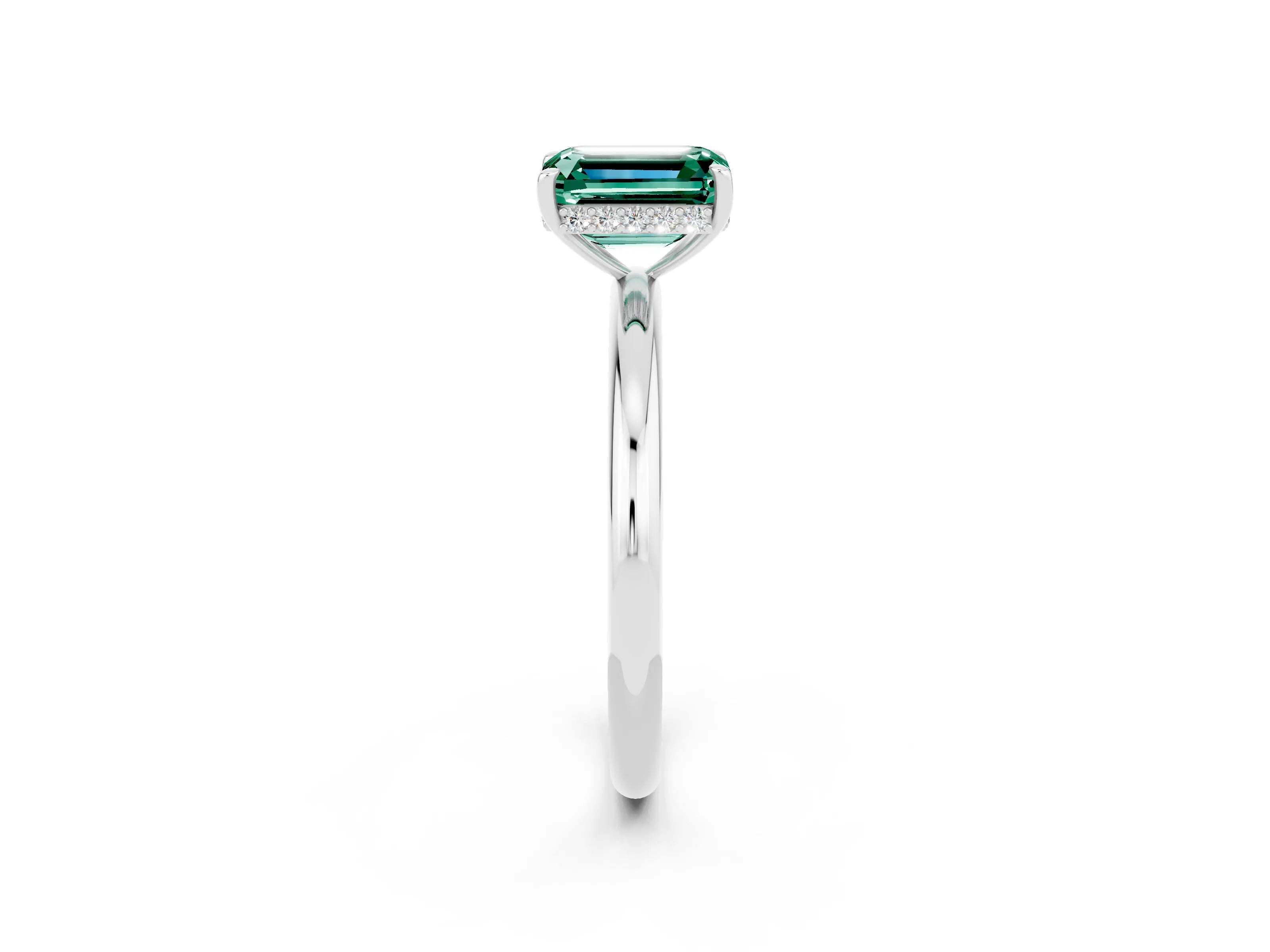 White gold Emerald Cut Green Sapphire Solitaire Ring with Thin Band and Four-Prong Setting_14