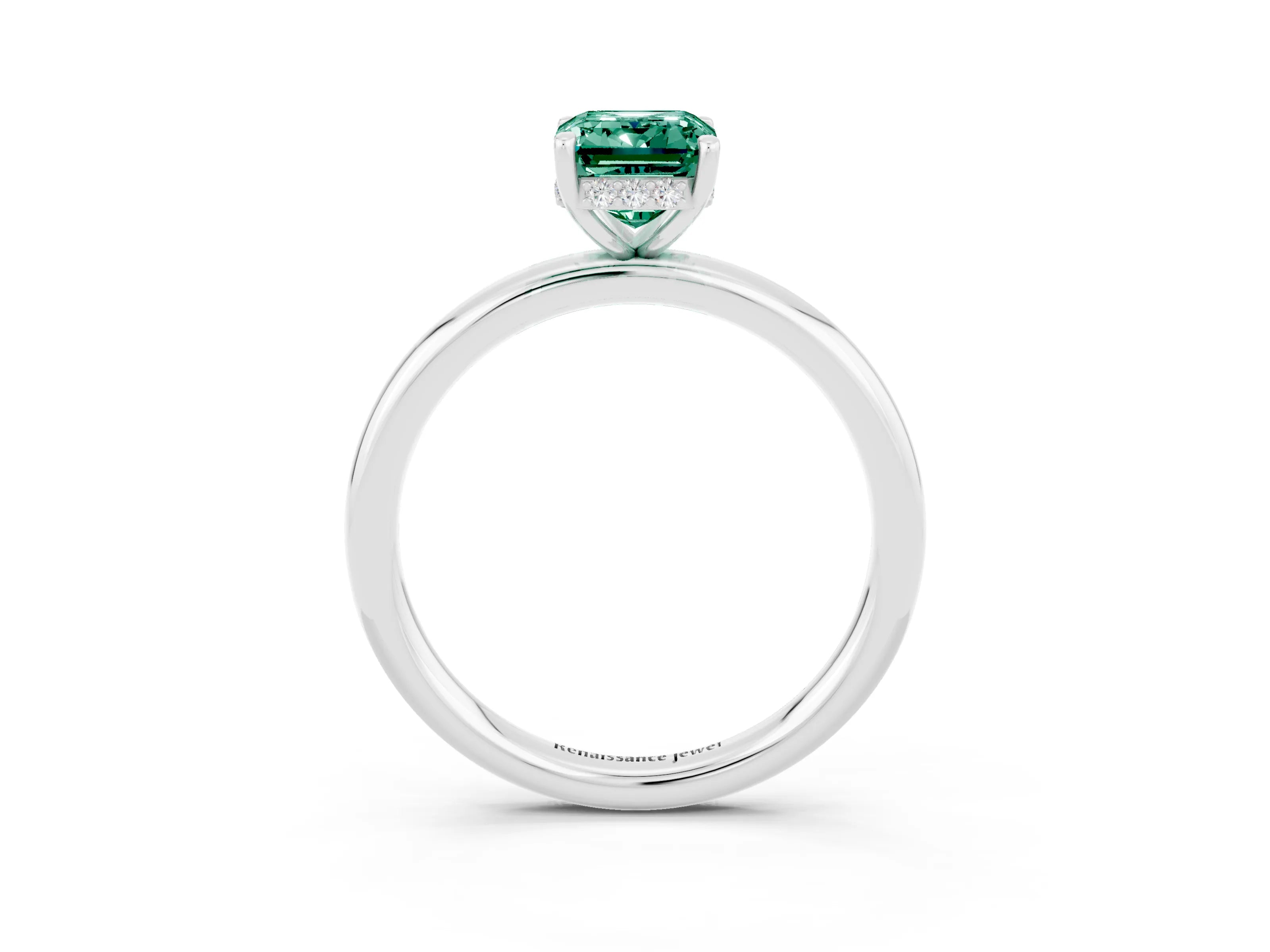 White gold Emerald Cut Green Sapphire Solitaire Ring with Thin Band and Four-Prong Setting_15