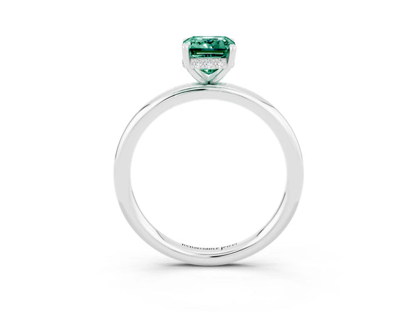 Silver Emerald Cut Green Sapphire Solitaire Ring with Thin Band and Four-Prong Setting