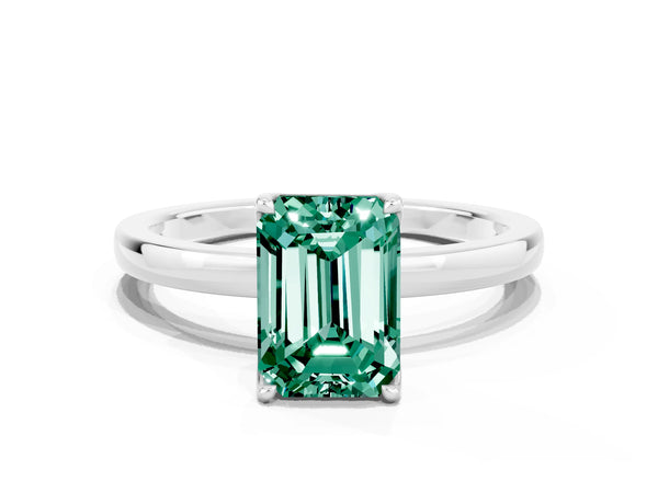 Silver Emerald Cut Green Sapphire Solitaire Ring with Thin Band and Prong Setting