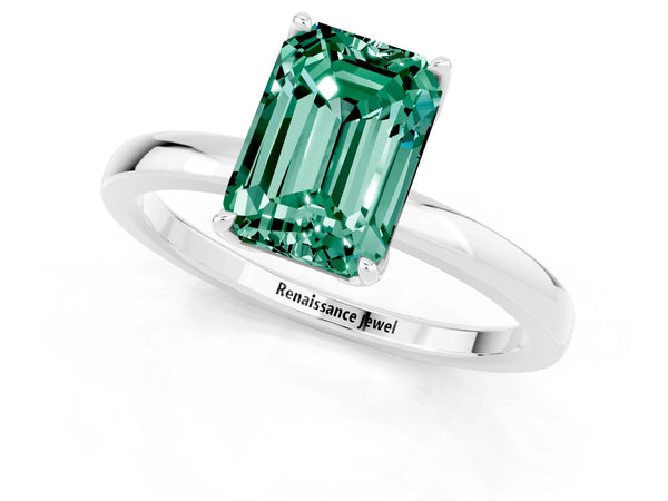 White gold Emerald Cut Green Sapphire Solitaire Ring with Thin Band and Prong Setting