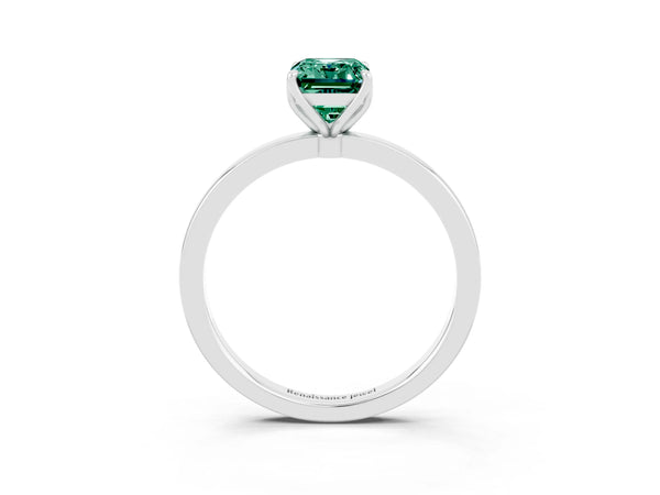 White gold Emerald Cut Green Sapphire Solitaire Ring with Thin Band and Prong Setting