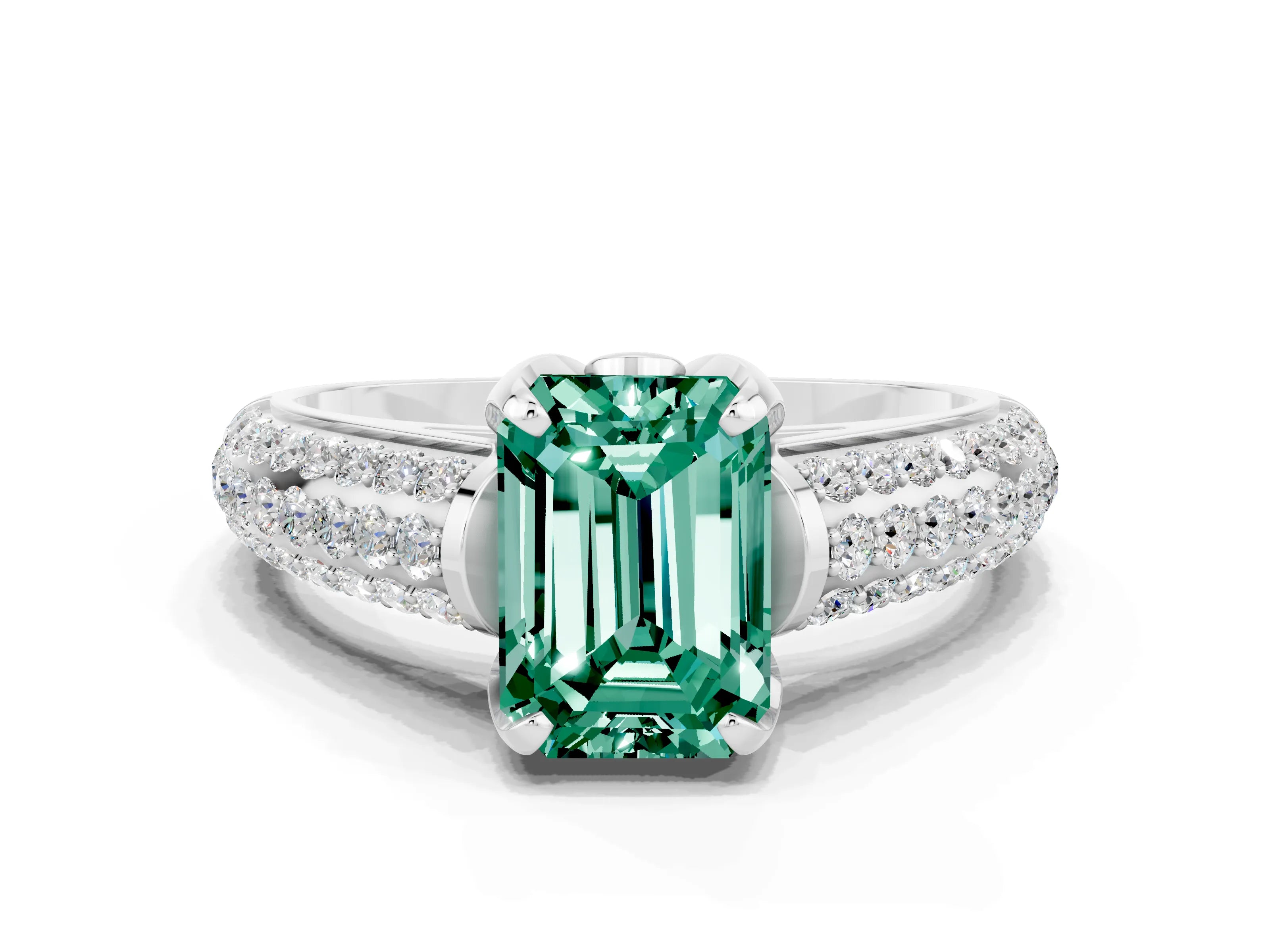 White gold Emerald Cut Green Sapphire Solitaire Ring with Three-Row Pavé Band and Four-Prong Setting_12