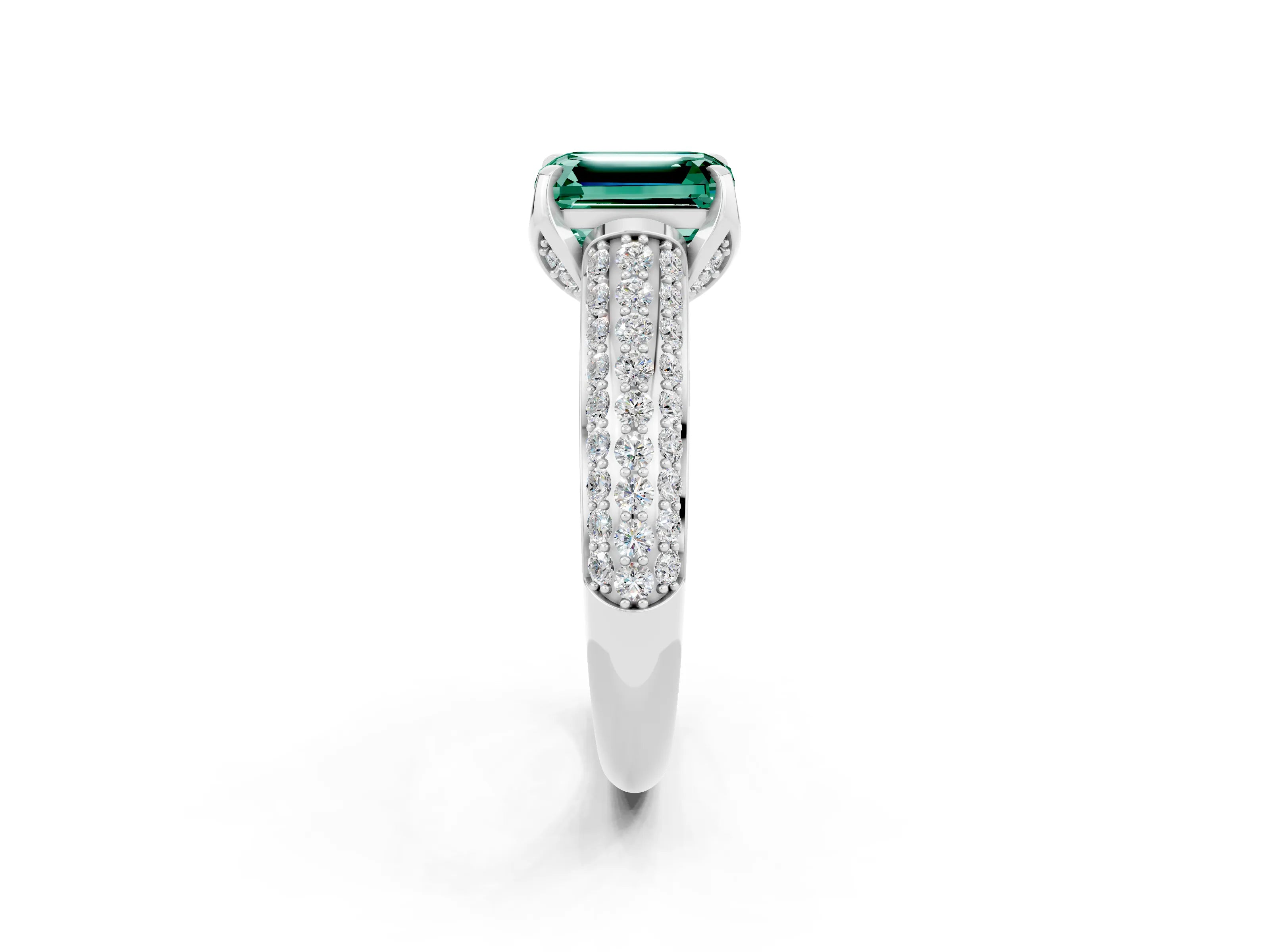 White gold Emerald Cut Green Sapphire Solitaire Ring with Three-Row Pavé Band and Four-Prong Setting_14