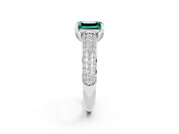 White gold Emerald Cut Green Sapphire Solitaire Ring with Three-Row Pavé Band and Four-Prong Setting