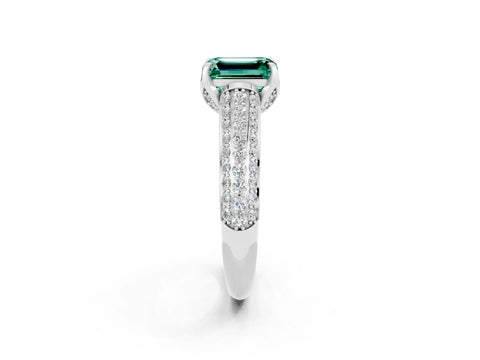 White gold Emerald Cut Green Sapphire Solitaire Ring with Three-Row Pavé Band and Four-Prong Setting_14