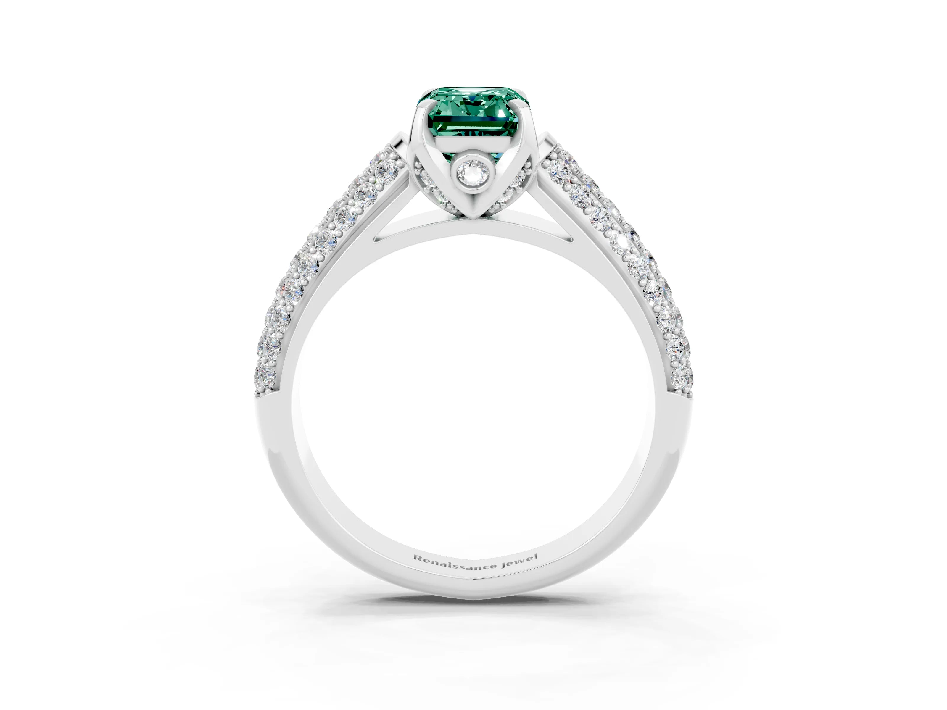 White gold Emerald Cut Green Sapphire Solitaire Ring with Three-Row Pavé Band and Four-Prong Setting_15