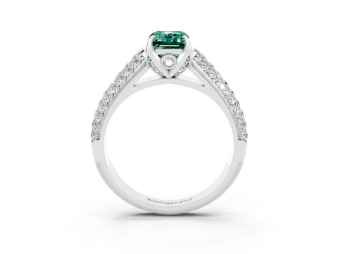 White gold Emerald Cut Green Sapphire Solitaire Ring with Three-Row Pavé Band and Four-Prong Setting_15