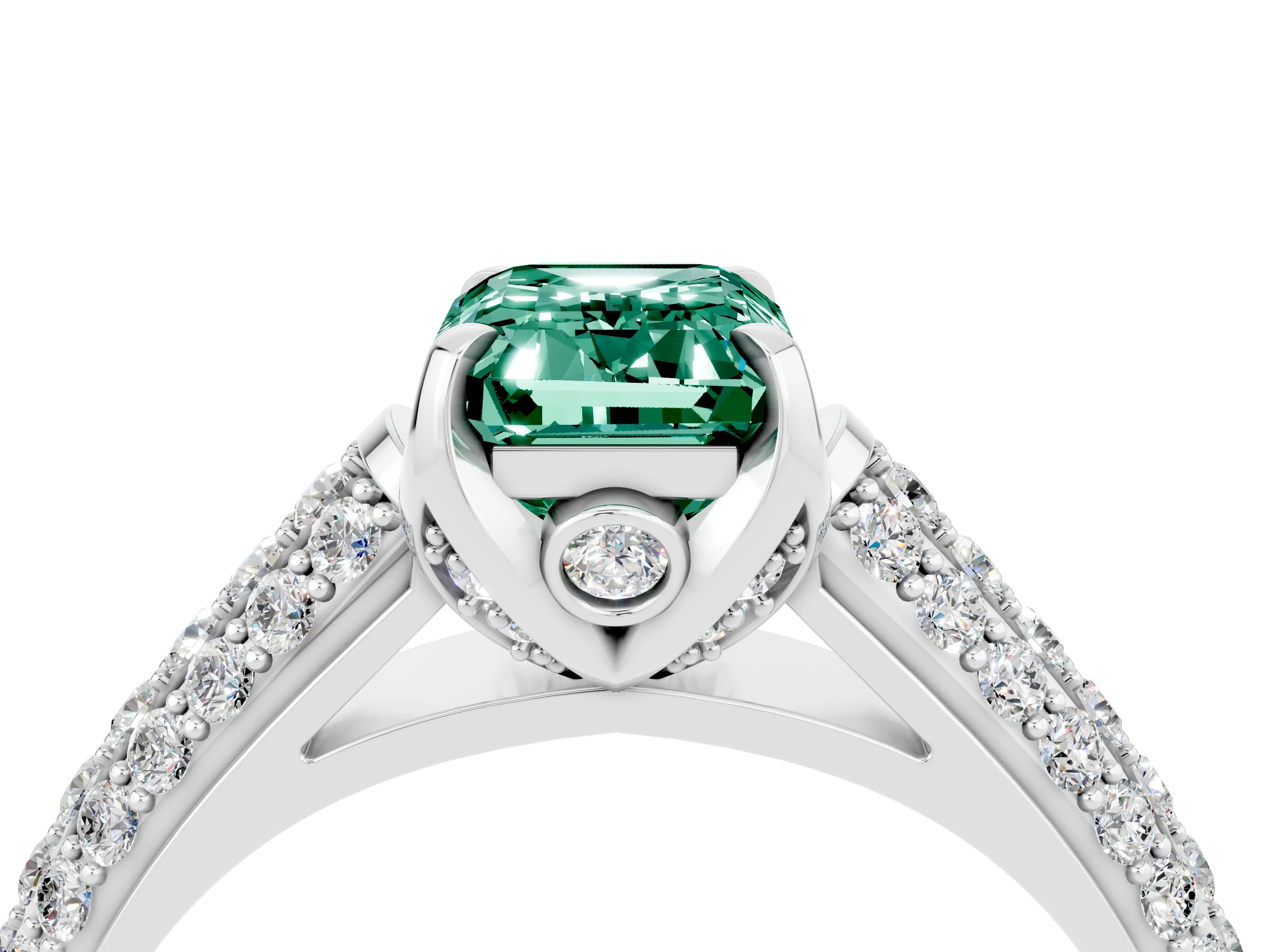White gold Emerald Cut Green Sapphire Solitaire Ring with Three-Row Pavé Band and Four-Prong Setting_16