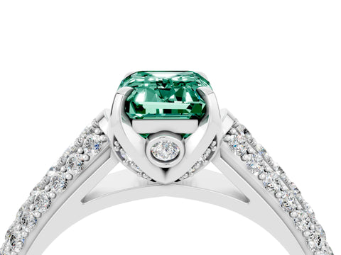 White gold Emerald Cut Green Sapphire Solitaire Ring with Three-Row Pavé Band and Four-Prong Setting_16