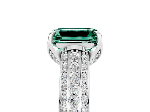 White gold Emerald Cut Green Sapphire Solitaire Ring with Three-Row Pavé Band and Four-Prong Setting_17