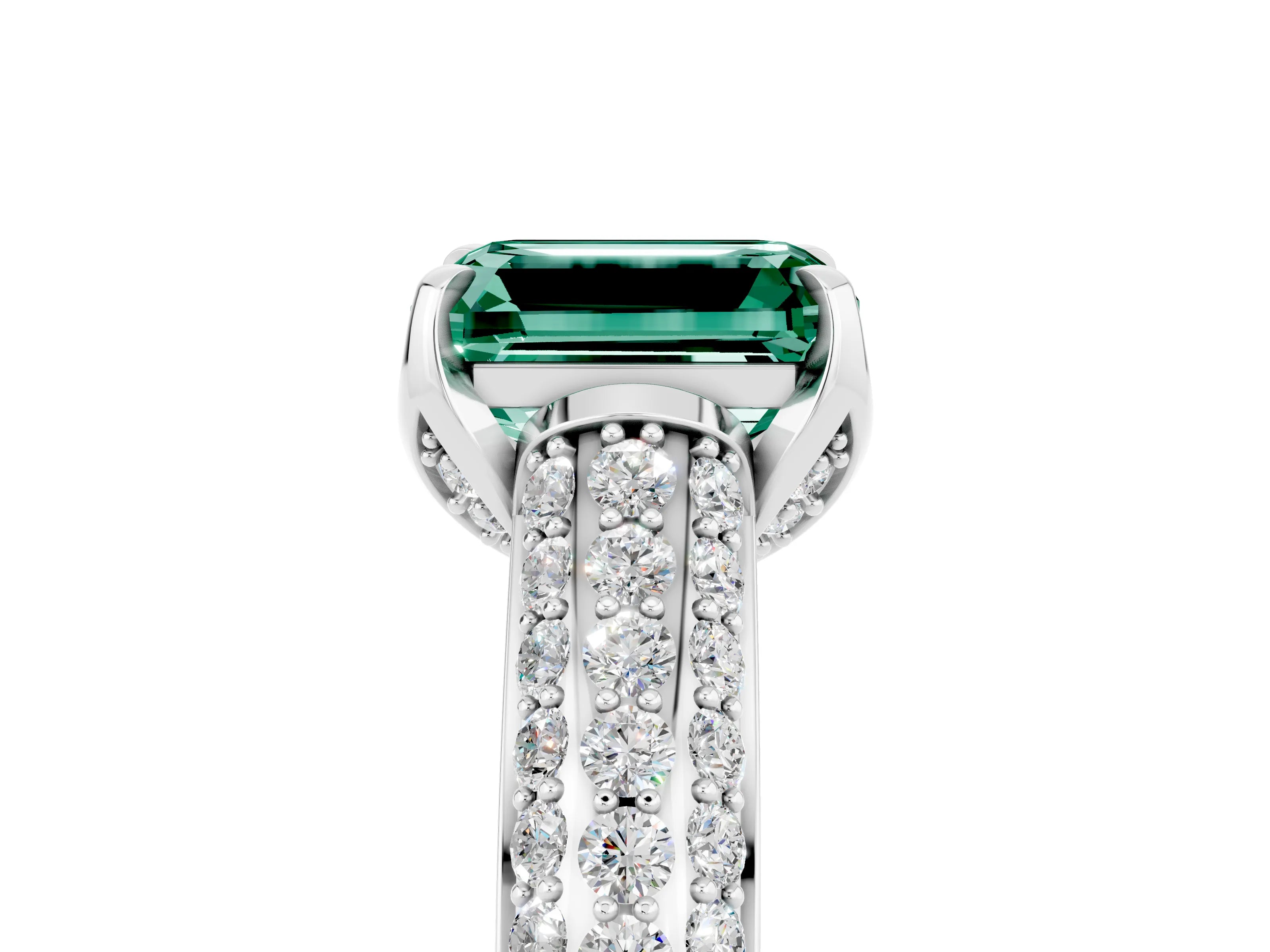 White gold Emerald Cut Green Sapphire Solitaire Ring with Three-Row Pavé Band and Four-Prong Setting_17