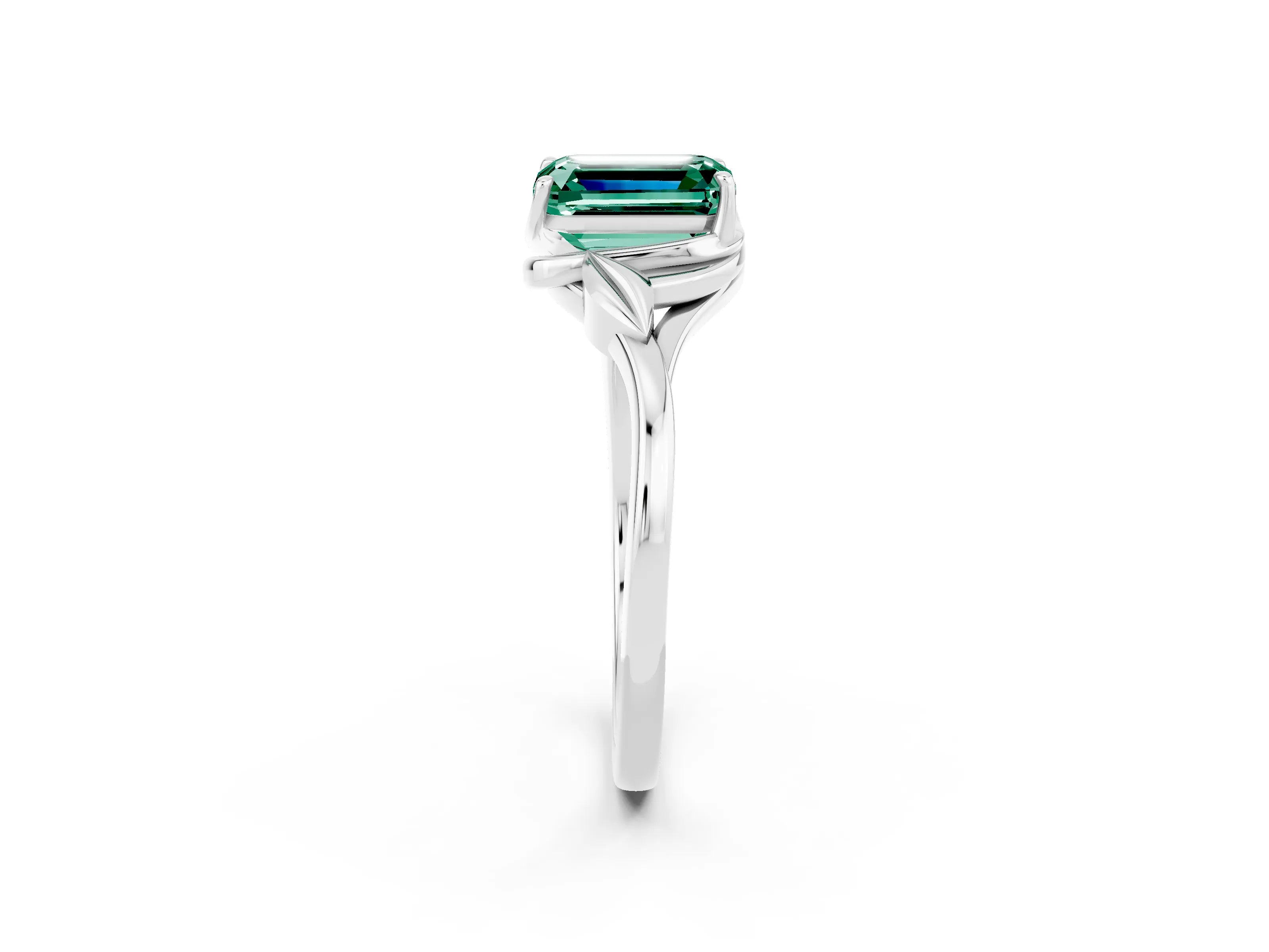 White gold Emerald Cut Green Sapphire Solitaire Ring with Twist Band and Four-Prong Setting_14