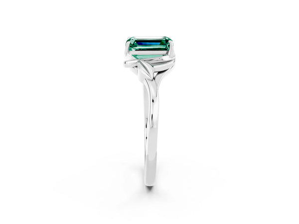 Platinum Emerald Cut Green Sapphire Solitaire Ring with Twist Band and Four-Prong Setting