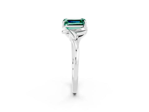 White gold Emerald Cut Green Sapphire Solitaire Ring with Twist Band and Four-Prong Setting_14