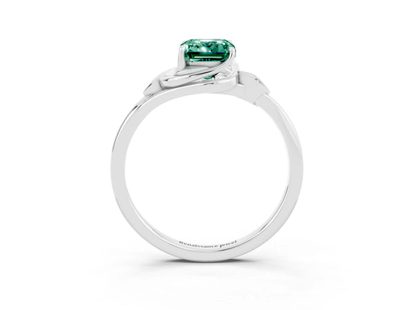 Silver Emerald Cut Green Sapphire Solitaire Ring with Twist Band and Four-Prong Setting