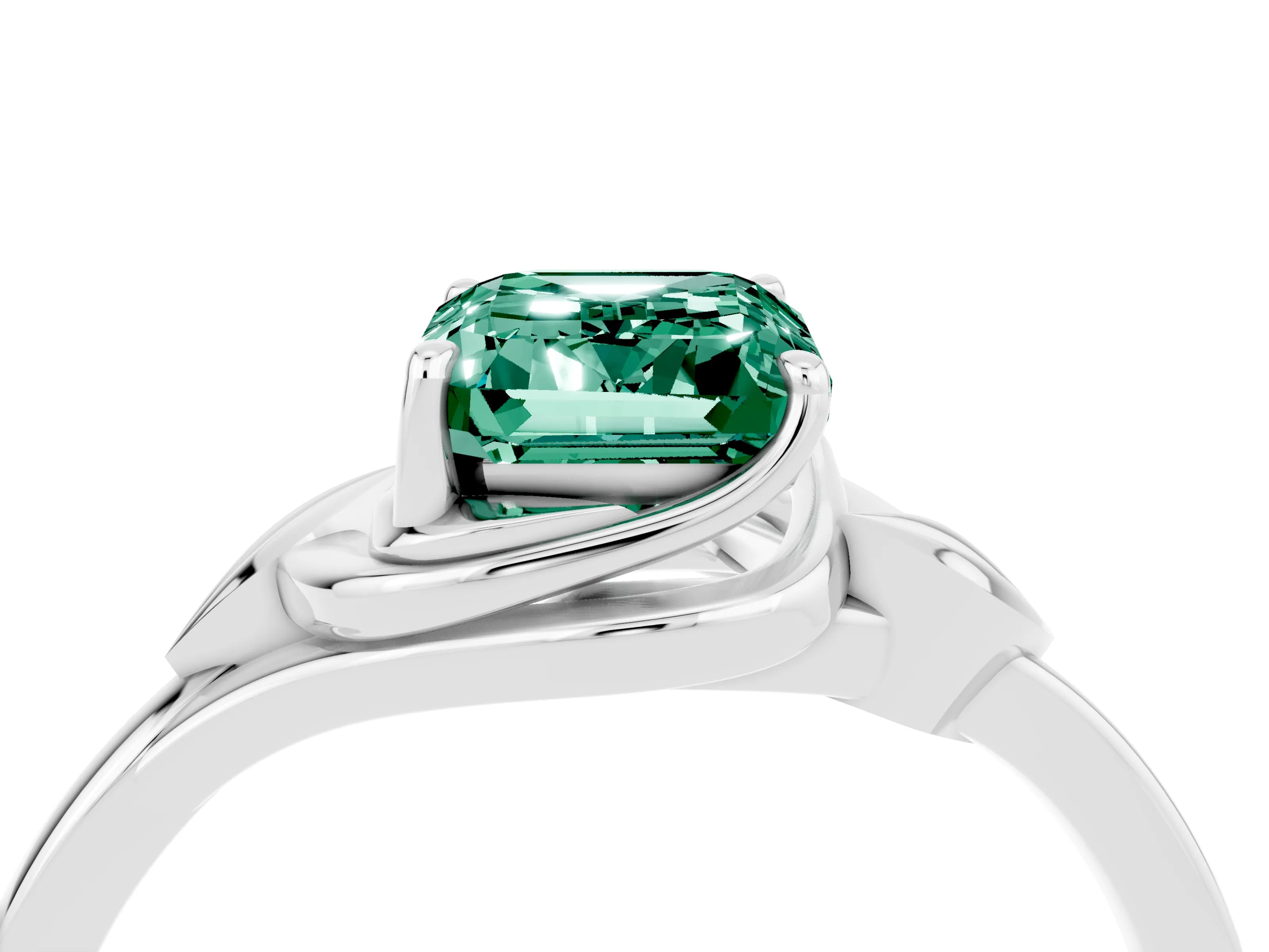White gold Emerald Cut Green Sapphire Solitaire Ring with Twist Band and Four-Prong Setting_16