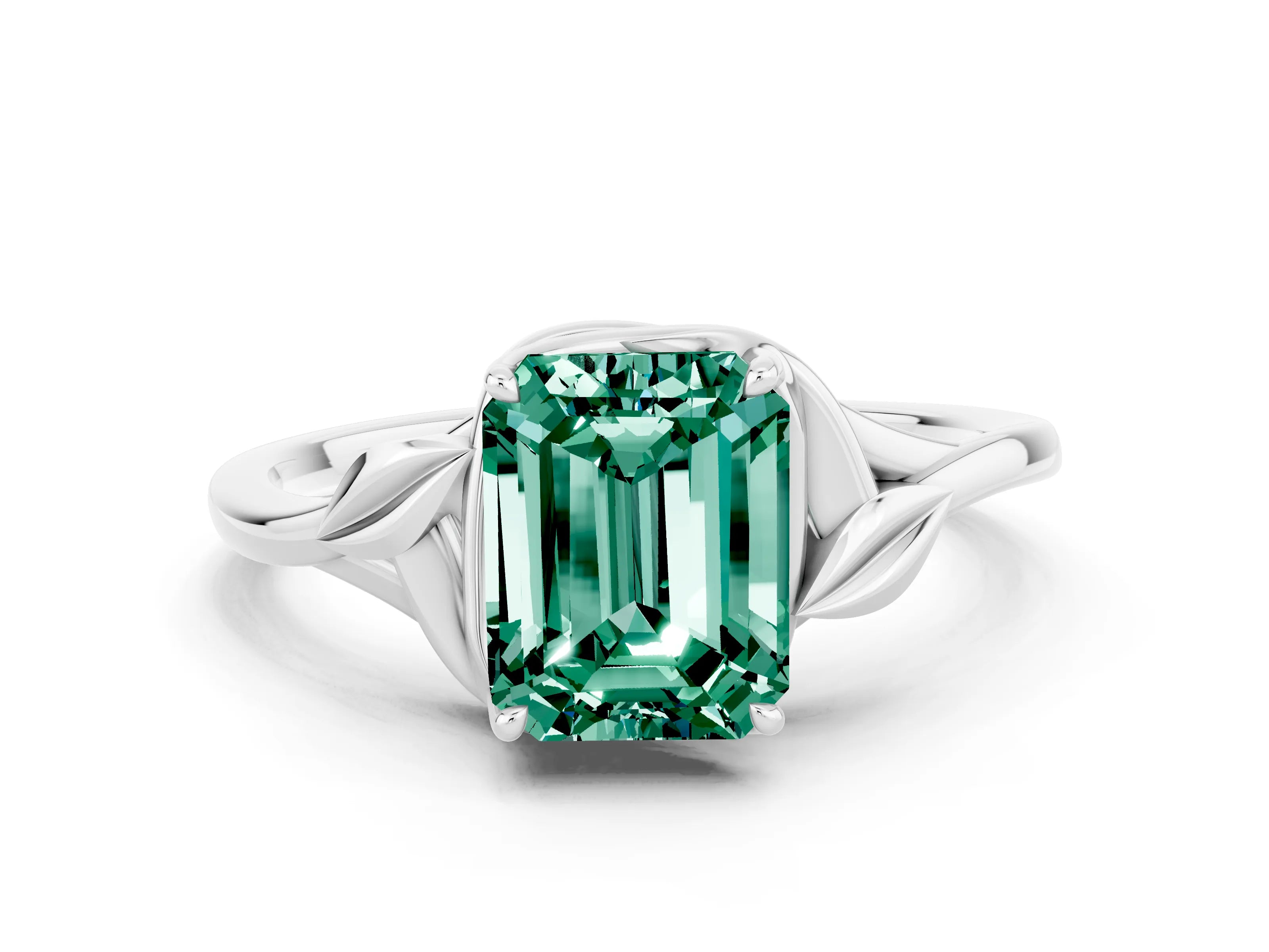 White gold Emerald Cut Green Sapphire Solitaire Ring with Twist Band and Four-Prong Setting_36