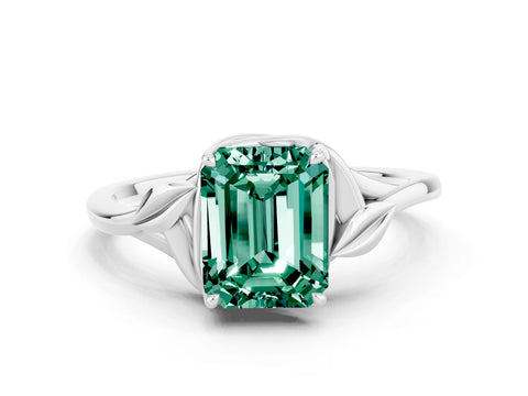 White gold Emerald Cut Green Sapphire Solitaire Ring with Twist Band and Four-Prong Setting_36