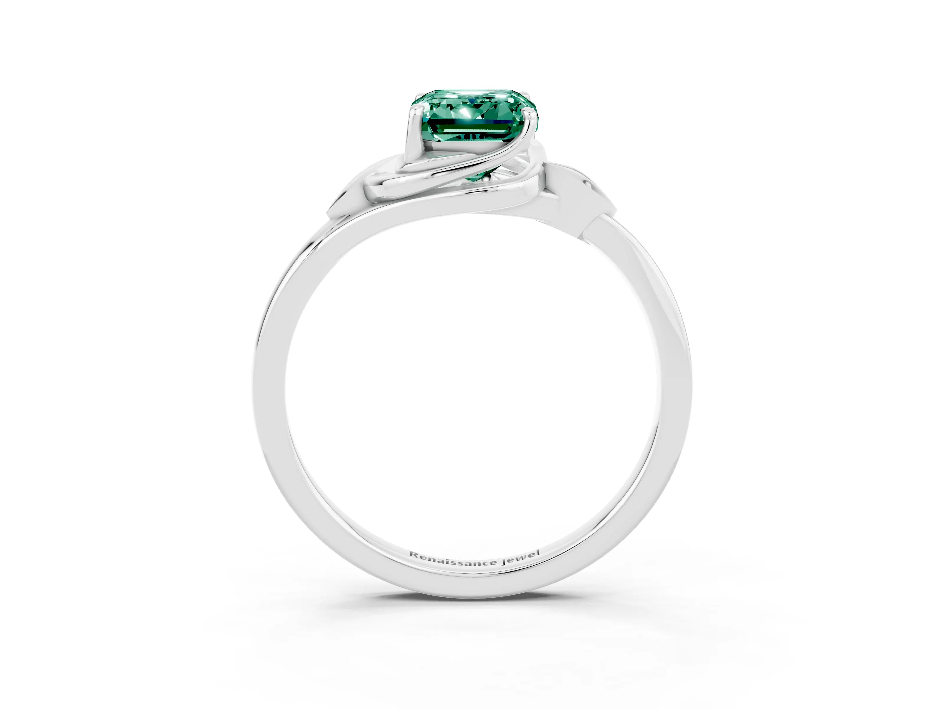 White gold Emerald Cut Green Sapphire Solitaire Ring with Twist Band and Four-Prong Setting_39
