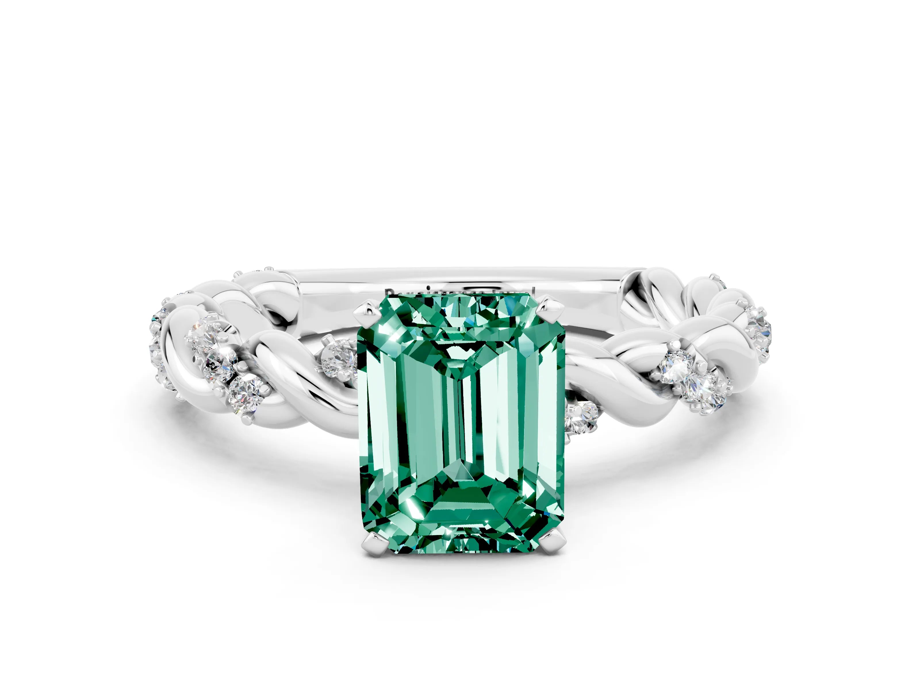 White gold Emerald Cut Green Sapphire Solitaire Ring with Twisted Band and Pavé Accents