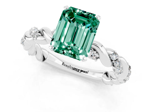 White gold Emerald Cut Green Sapphire Solitaire Ring with Twisted Band and Pavé Accents_1