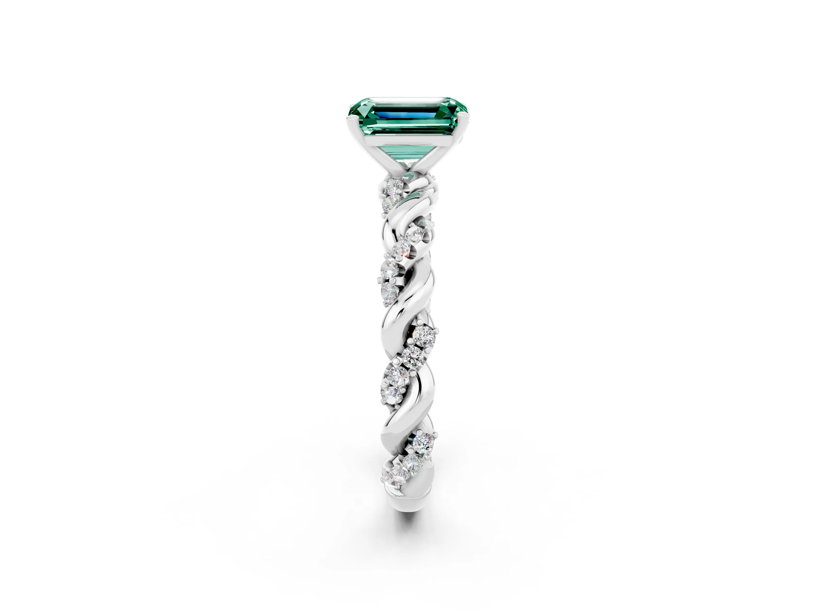 White gold Emerald Cut Green Sapphire Solitaire Ring with Twisted Band and Pavé Accents_2