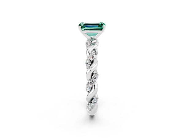 White gold Emerald Cut Green Sapphire Solitaire Ring with Twisted Band and Pavé Accents