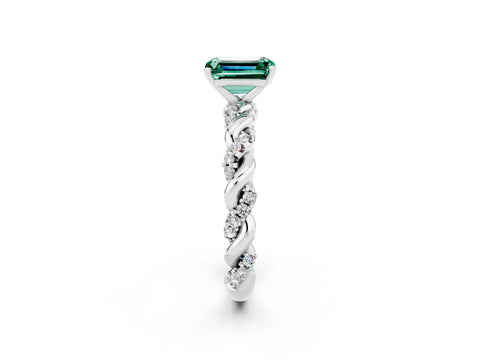 White gold Emerald Cut Green Sapphire Solitaire Ring with Twisted Band and Pavé Accents_2