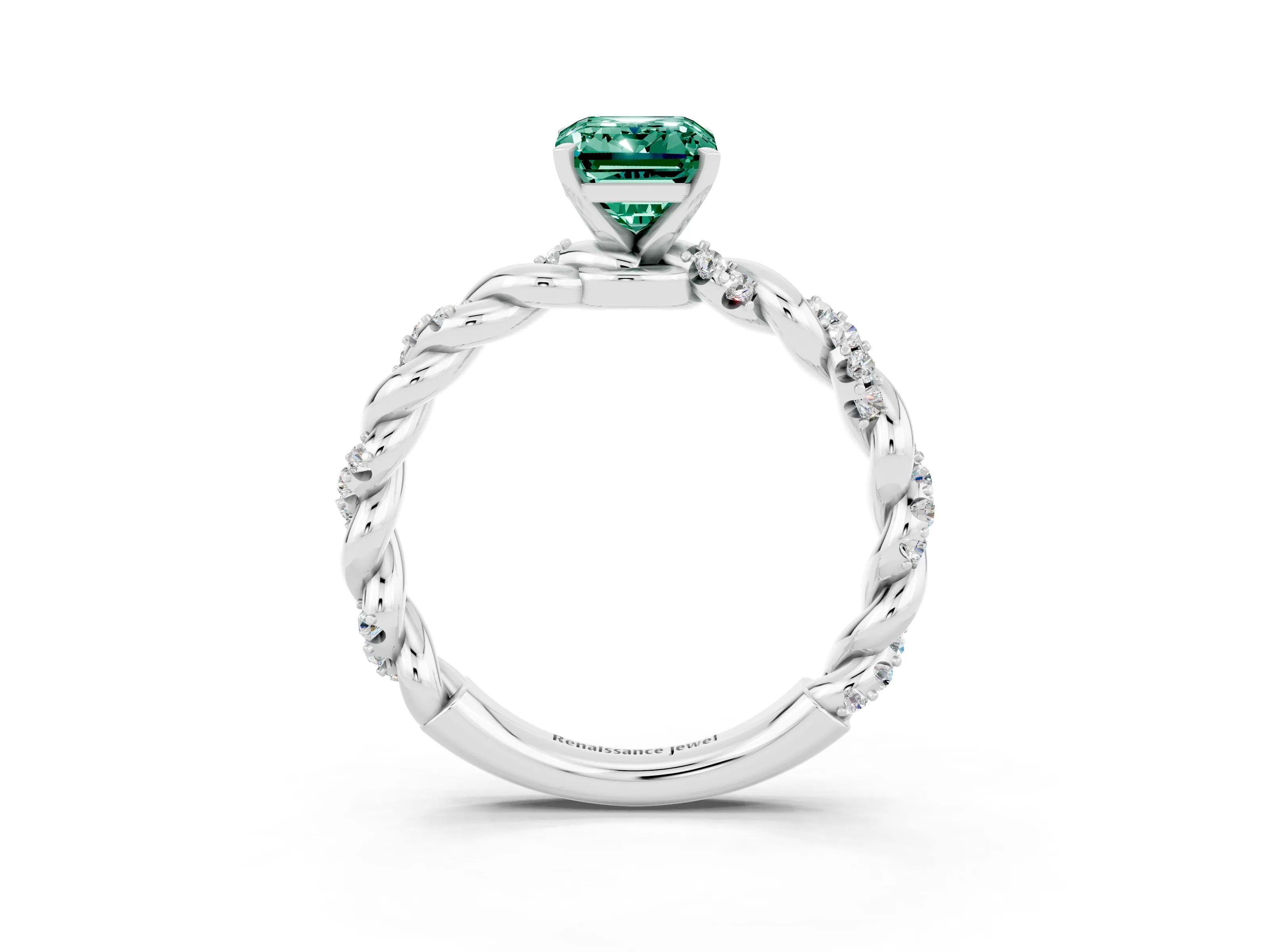 White gold Emerald Cut Green Sapphire Solitaire Ring with Twisted Band and Pavé Accents_3