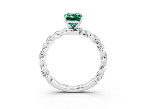 White gold Emerald Cut Green Sapphire Solitaire Ring with Twisted Band and Pavé Accents_3