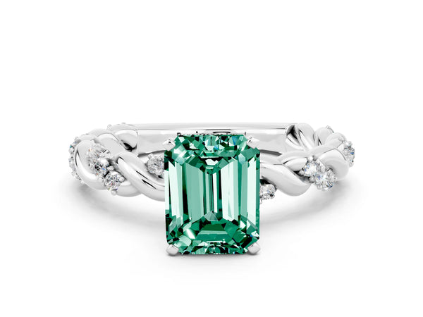 White gold Emerald Cut Green Sapphire Solitaire Ring with Twisted Band and Pavé Accents